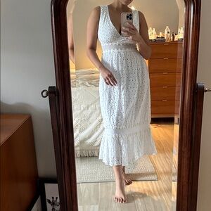 White Eyelet V-Neck Midi Dress